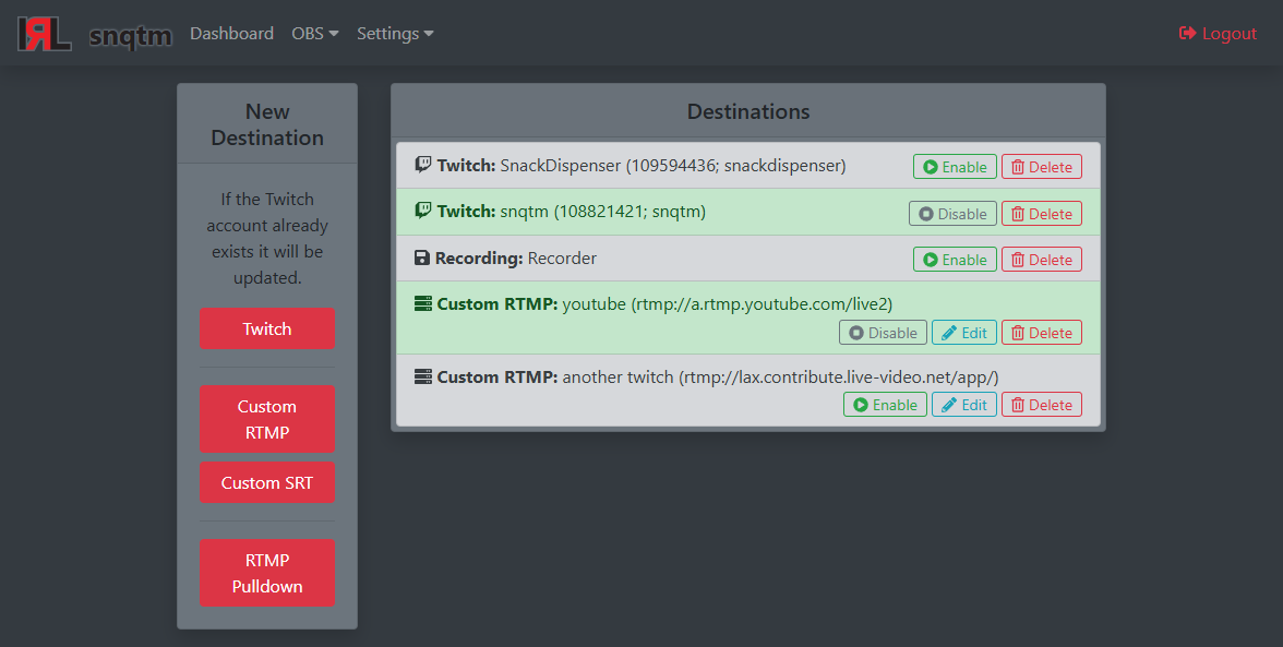 Destination Configuration